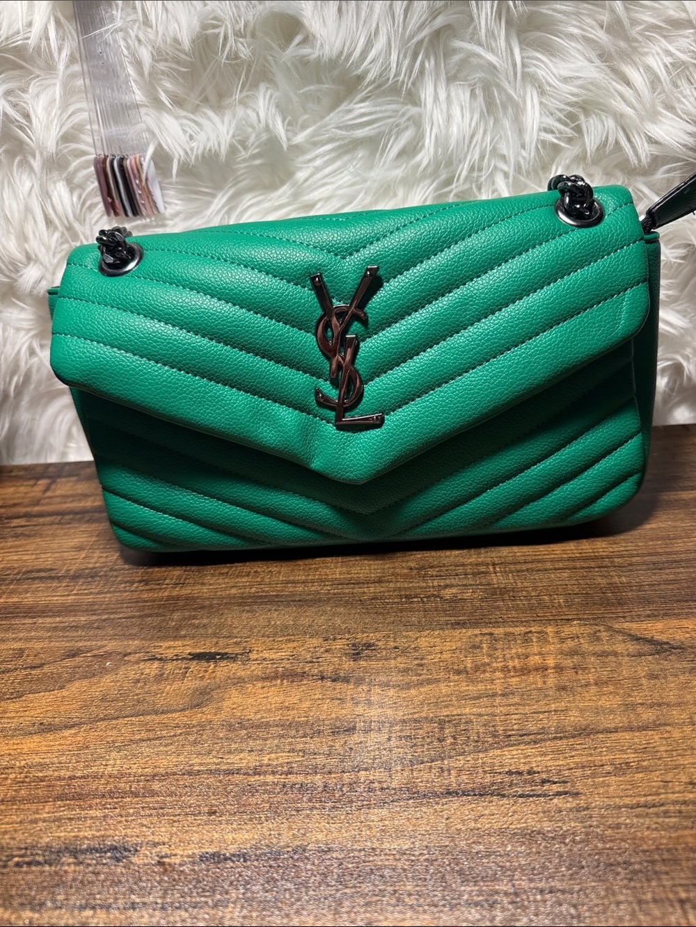 Green Chevron Quilted Shoulder Bag with Black Hardware